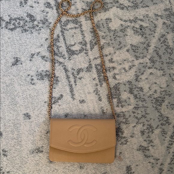 CHANEL Handbags - Chanel Beige Leather Crossbody with Chain Strap
